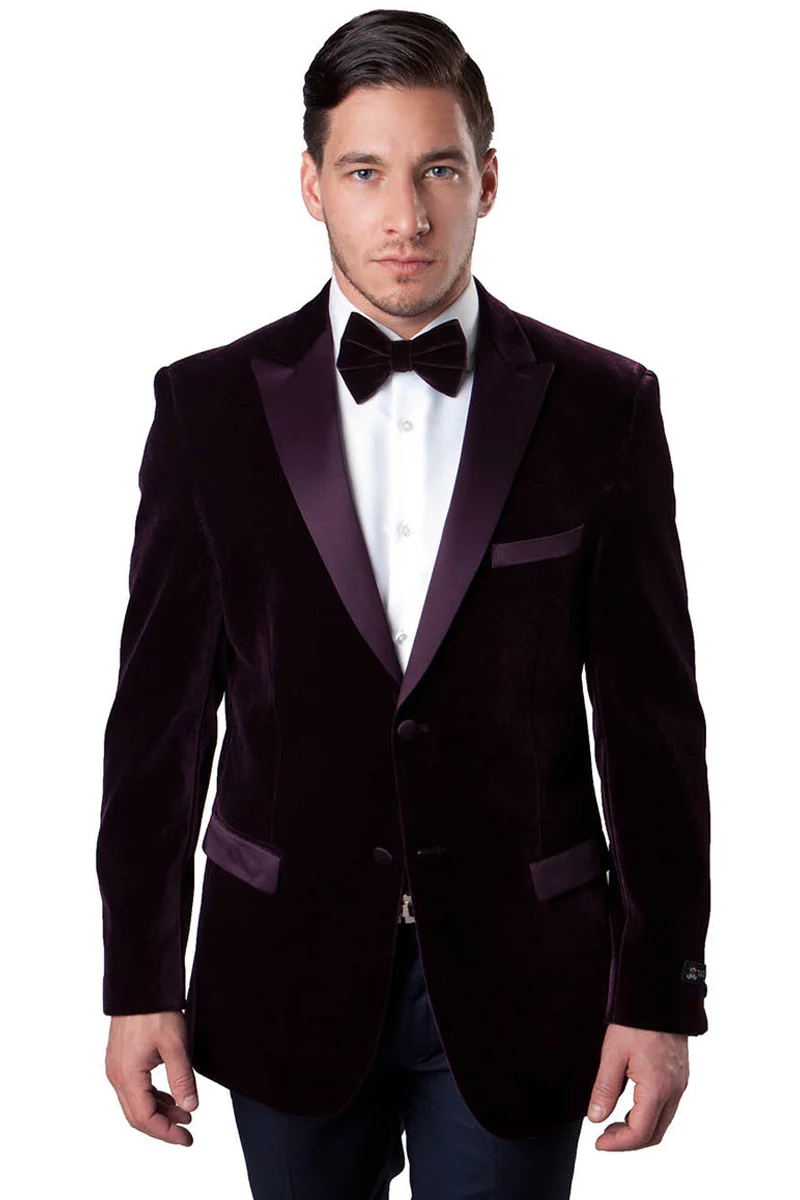 Mens Plum Eggplant Velvet Blazer Jacket – Luxury Velvet Dinner Jacket for Wedding, Tuxedo Events, Formal Parties in Burgundy Color - 36 Short