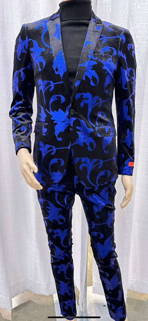 Mens Black and Royal Blue Patterned Blazer Paisley Floral Sport Coat Prom Jacket