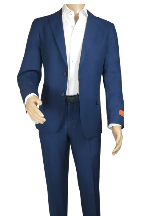 Mens Enzo Tovare Denim Blue Linen Summer Suit – Breathable Two Piece Suit for Wedding, Business, Travel - 34 Short or Extra Small