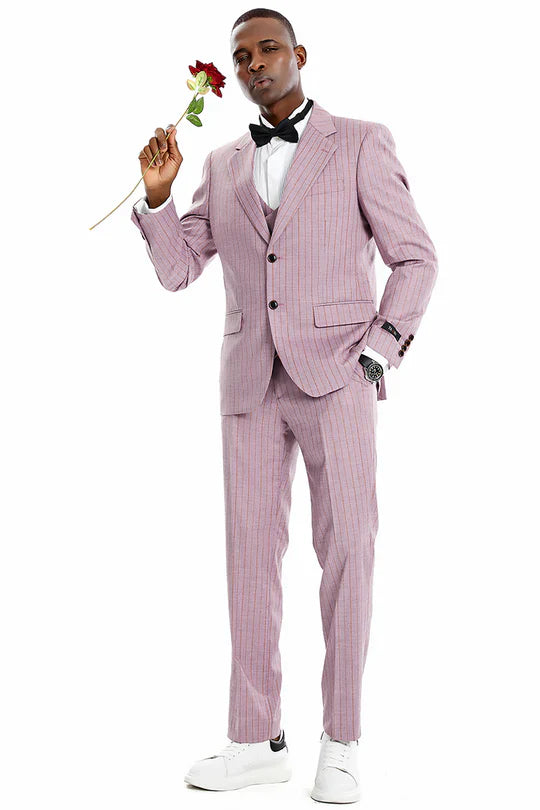Men’s Dusty Rose Pink Pinstripe Three Piece Suit with Vest | Wedding and Party Formal Wear Prom or Church Suit - 34 Short or Extra Small