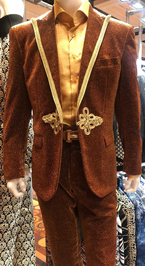 Mens Bronze Shiny Velvet Suit Designer Party and Wedding Wear Blazer and Pant Set Brown and Gold Tuxedo