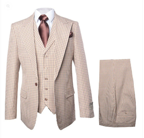 Mens Beige tan Checkered Three Piece Suit with Classic Fit Wide Leg Pleated Pants by Rossiman khaki color
