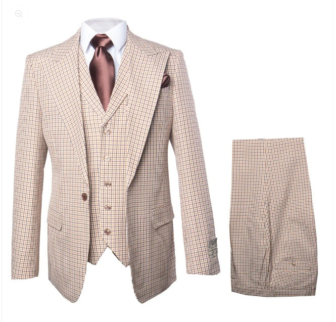Mens Beige tan Checkered Three Piece Suit with Classic Fit Wide Leg Pleated Pants by Rossiman khaki color