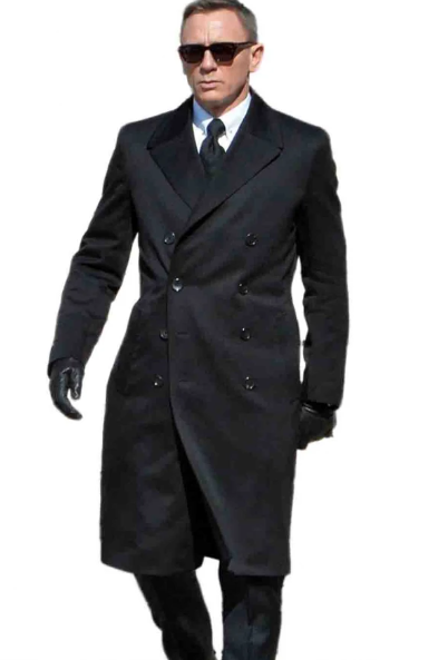 Men’s Black Double Breasted Overcoat, James Bond Inspired Long Formal Coat for Weddings, Business Events, Parties, and Winter Occasions - Coat Size 38