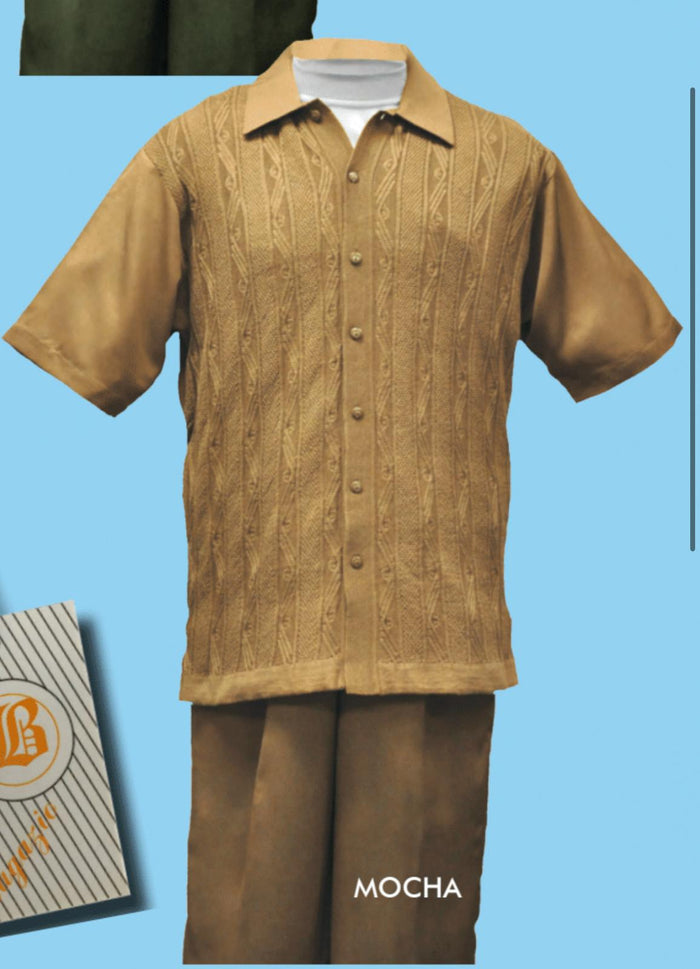 Mens Mocha Brown Short Sleeve Knit Walking Suit Two-Piece Casual Button Down Set in Taupe Coffee Color