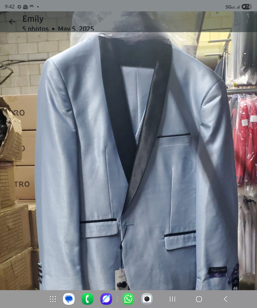Mens Light Blue Shiny 3 Piece Suit with Black Shawl Lapel | Formal Wedding Prom Suit - Sateen Sharskin Suit