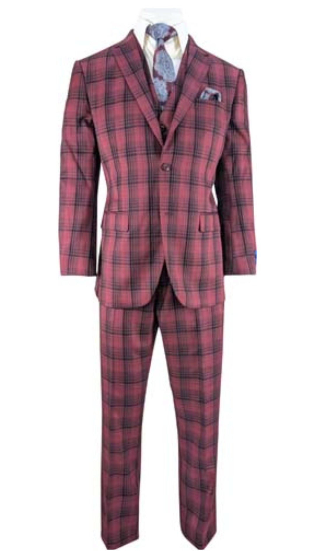 Mens Red Burgundy Plaid 3-Piece Suit – Classic Checkered Modern Fit Suit for Weddings, Church and Formal Events - 34 Short or Extra Small