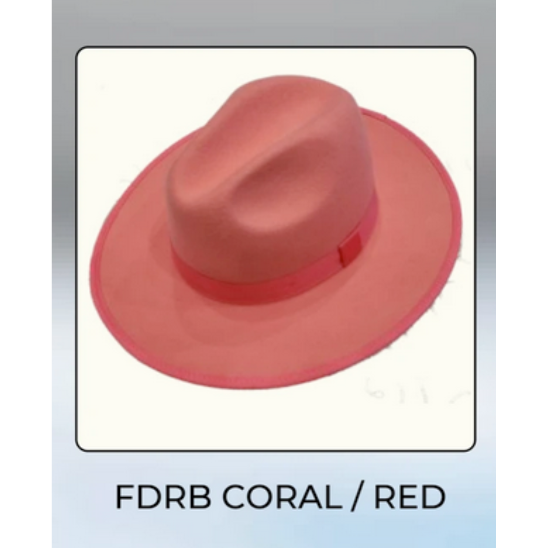 Menâ€™s Coral Pink Wide Brim Fedora Hat â€“ Wool Felt Dress Hat with Red Ribbon Band - One size