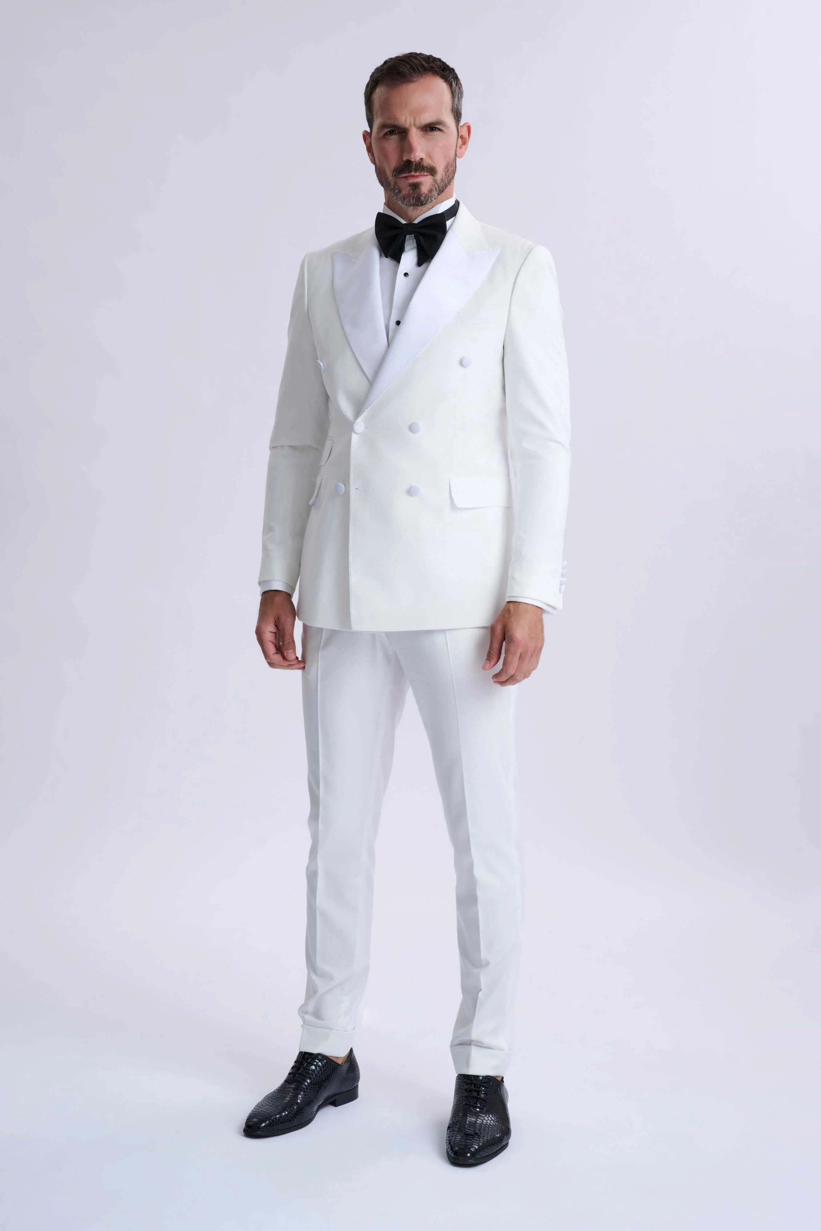 Mens White Double Breasted Dinner Jacket Blazer with Black Pants Formal Tuxedo Style Outfit for Weddings