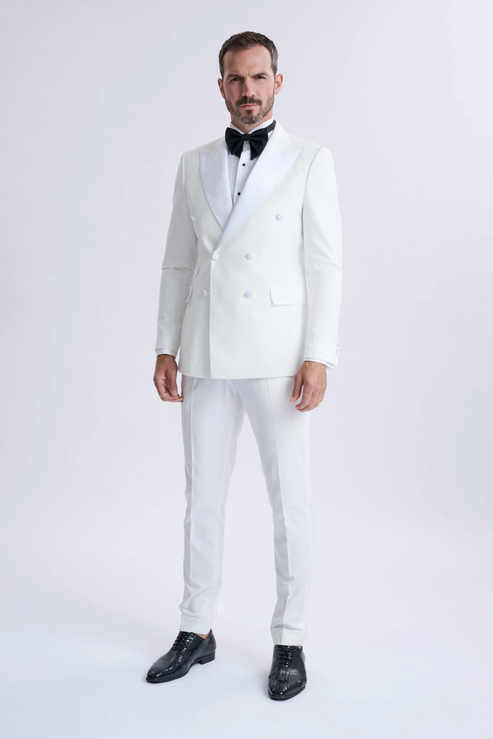 Mens White Double Breasted Dinner Jacket Blazer with Black Pants Formal Tuxedo Style Outfit for Weddings