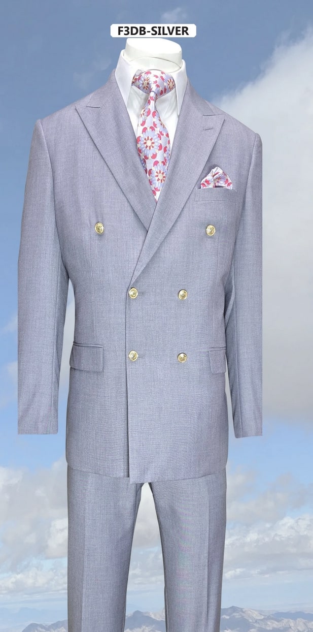 Mens Silver Grey Double-Breasted 3-Piece Suit Classic Tailored Fit with Peak Lapel and Gold Buttons for Weddings, Church and Formal Events
