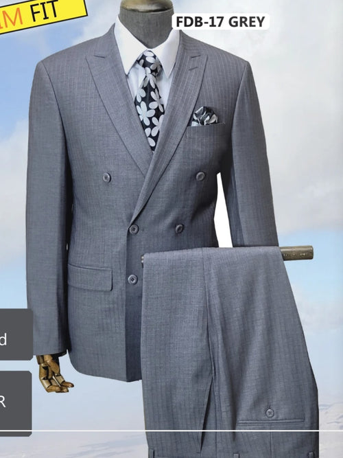 Mens Grey Tone on Tone Double-Breasted Suit Classic Slim Fit 2 Piece Formal Business Gray Shadow Stripe