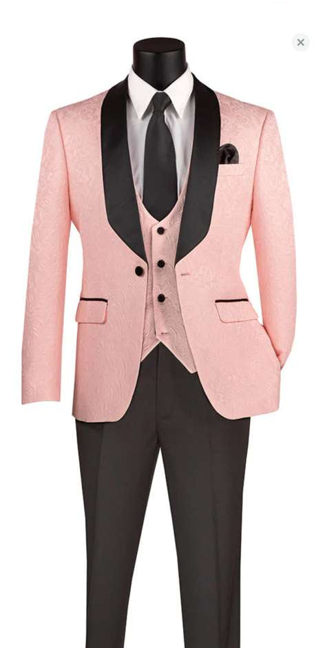 Mens Blush Pink Tuxedo Suit Set with Black Shawl Lapel 3 Piece Formal Wedding and Party Prom Vest + Black Pants