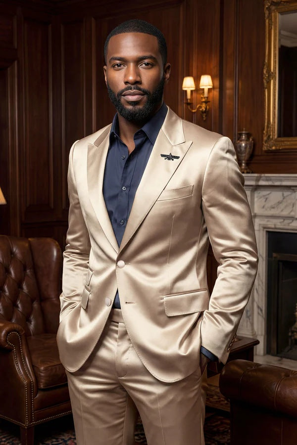 Mens Shiny Champagne Gold Two Piece Suit Luxury Formal Satin Finish Suit for Wedding, Party and Evening Wear