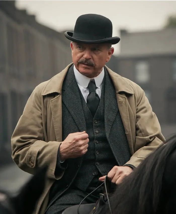 Men’s Beige Cotton Trench Coat Suit Package – Classic Long Overcoat for Formal + Suit + Hat - Coat Size 38