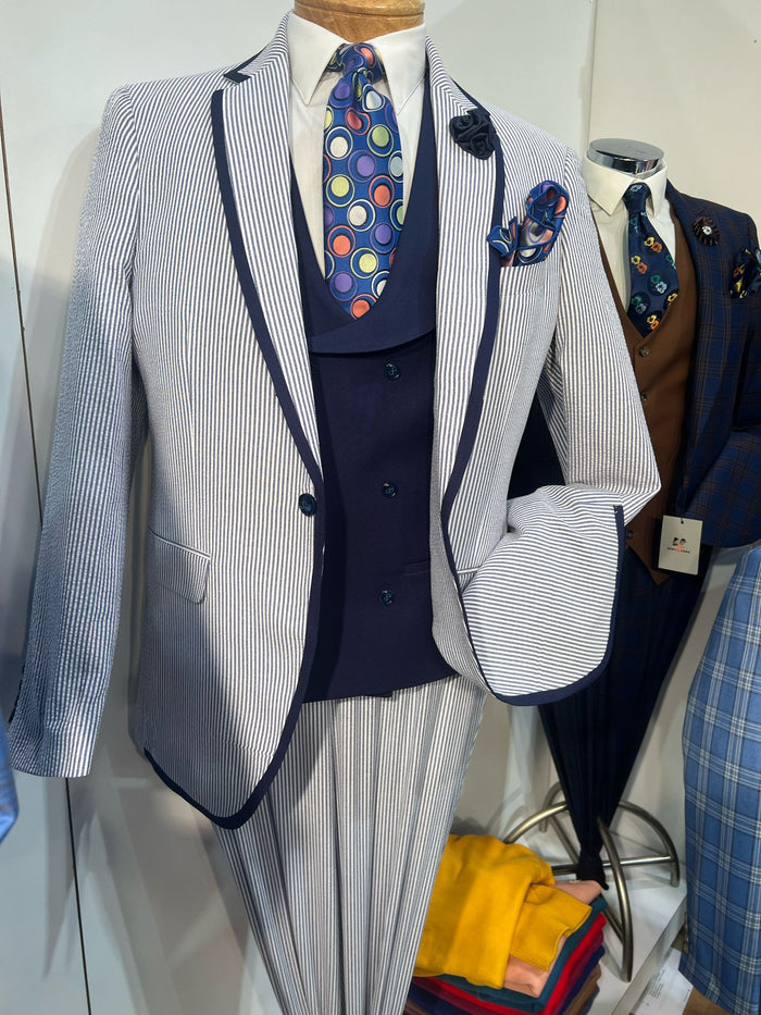 Men's White and Navy Pinstripe Suit with Contrast Trim â€“ 3-Piece Seersucker Style Set for Weddings and Summer Events