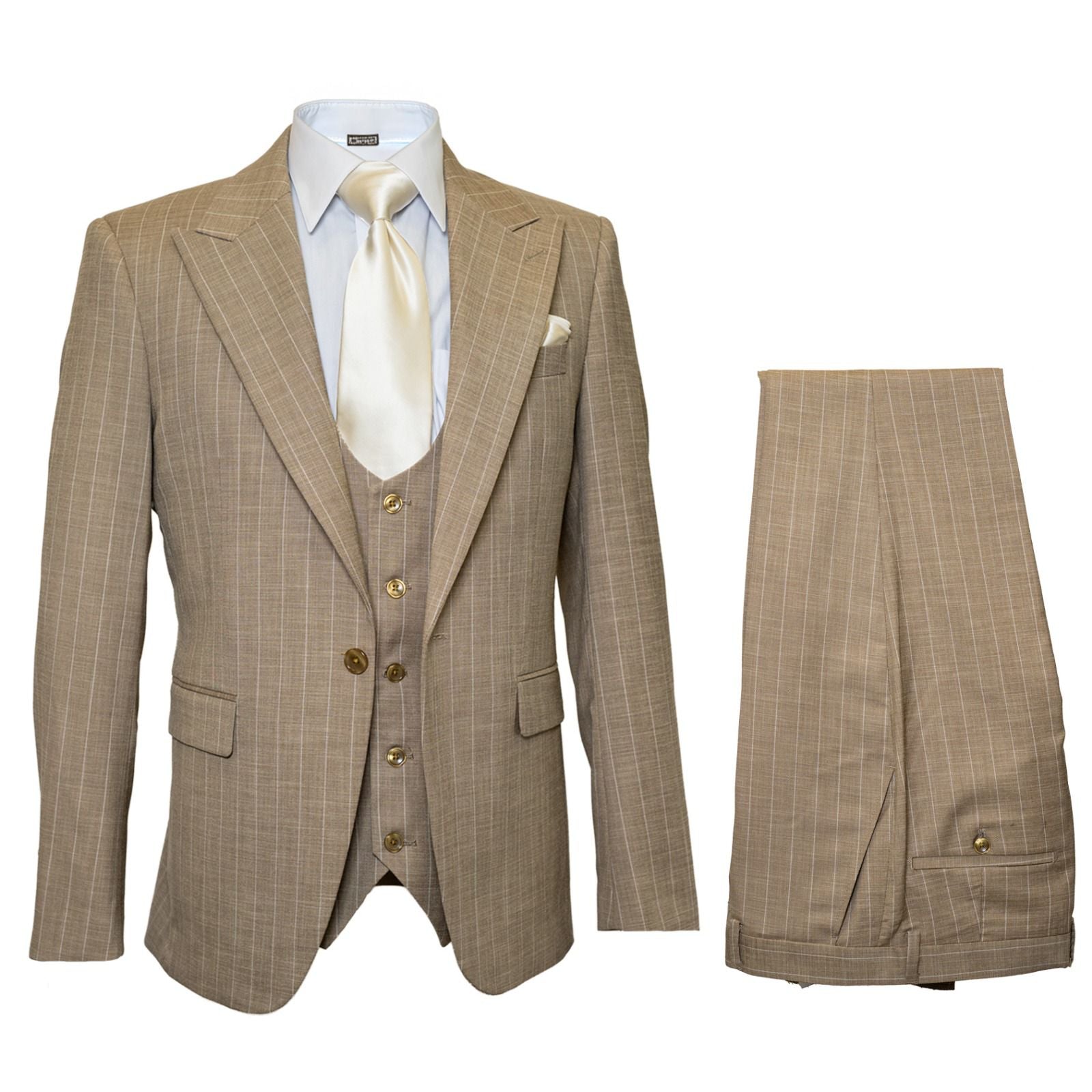 Men’s Beige Pinstripe Three-Piece Suit – Classic Fit Formal Suit with Vest and Flat-Front Pants in Tan Stripe By Rossiman - 34 Short or Extra Small