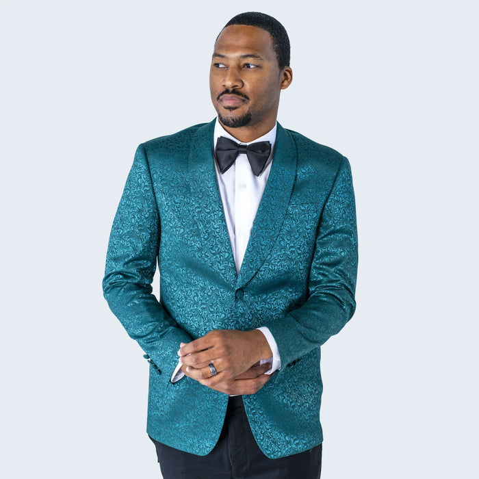Mens Teal Blue Paisley Tuxedo Jacket Elegant Shawl Lapel Dinner Blazer for Weddings, Prom and Formal Events - Greenish Blue