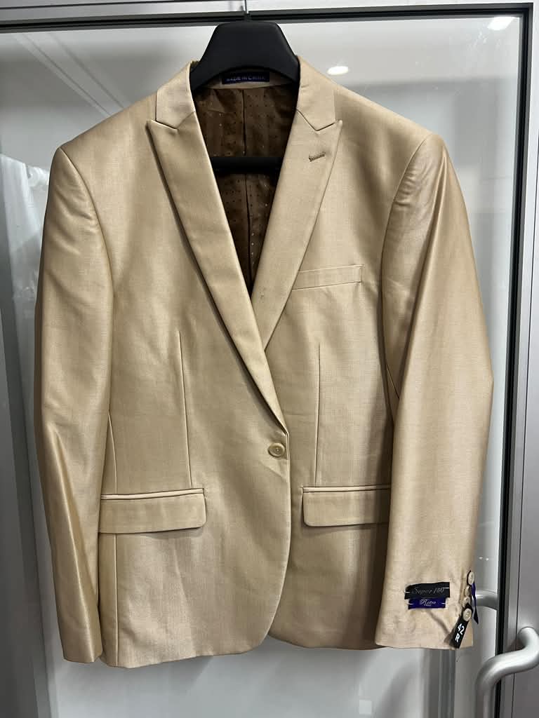 Men’s Champagne Gold Western Blazer, Formal Cowboy Wedding Ranch Sport Coat Jacket tan beige color sheen sharkskin fabric - 36 Short