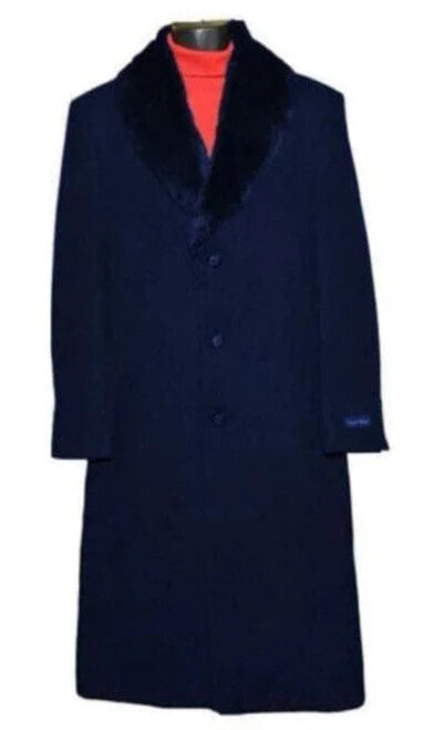 Mens Dark Navy Blue Long Overcoat with Faux Fur Collar, Classic Winter Dress Coat for Formal - Coat Size 38