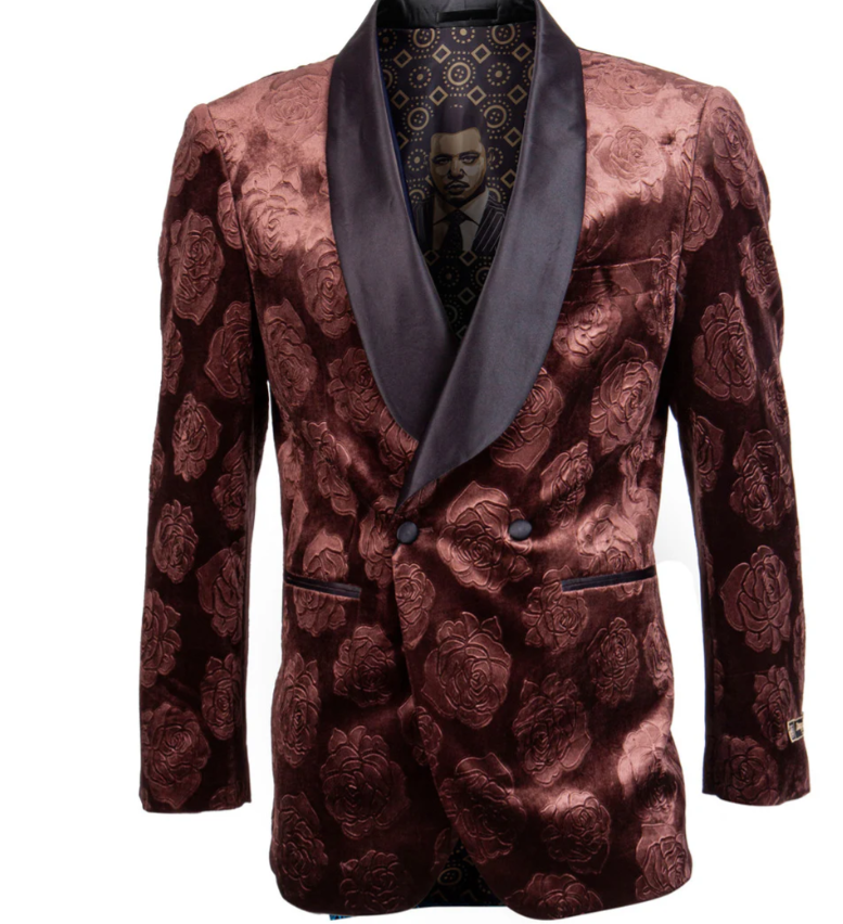 Mens Rust Copper Brick color Floral Jacquard Pasiley Blazer – Pattern Dinner Jacket with Black Shawl Lapel for Formal dinners and Wedding - 36 Short