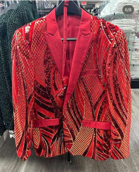 Men’s Red and Gold Sequin Christmas Holiday Blazer – Luxury Party Jacket for New Year, Wedding and Festive Events - 36 Short