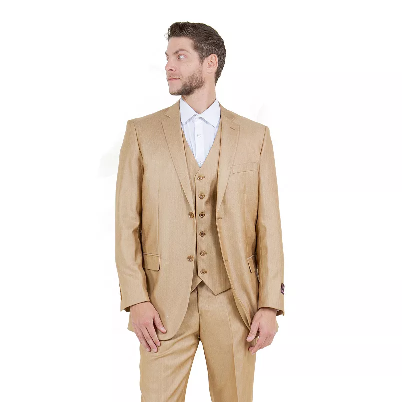 Men’s Camel Khaki Bronze Sharkskin 3-Piece Suit – Modern Wedding, Business and Formal Suit with Matching Vest - 34 Short or Extra Small