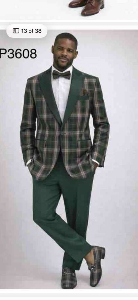 Mens Tartan Green and Brown Blue Plaid Tuxedo Dinner Jacket Set – Checkered Prom Blazer with Dark Green Pants Formal Wedding Party Wear - 36 Short