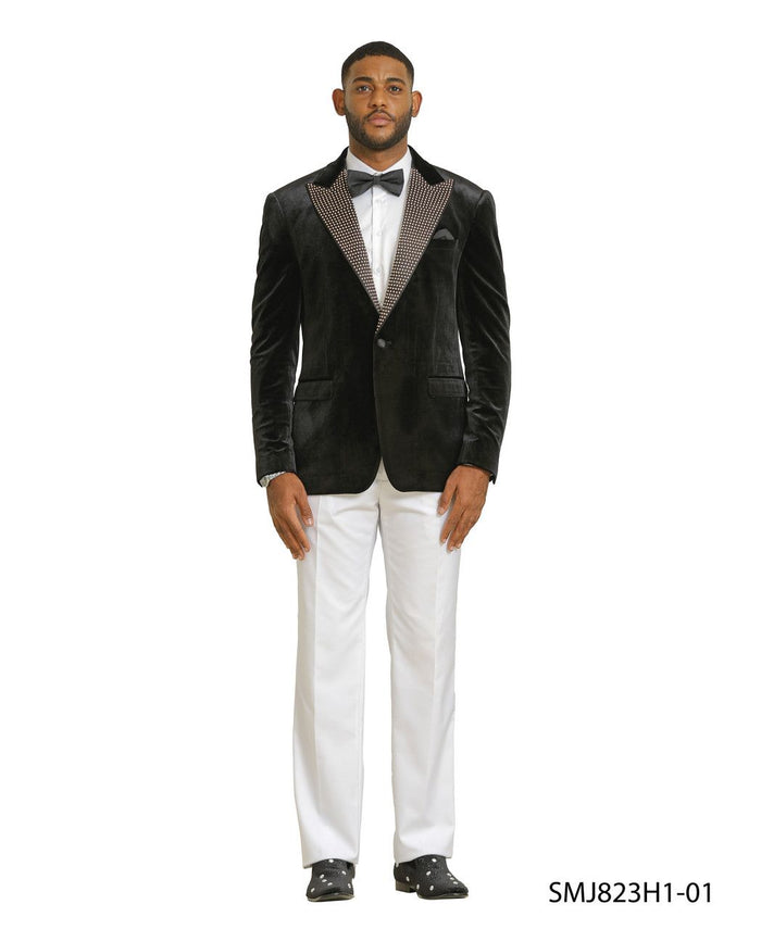 Mens Black Velvet Tuxedo Blazer with Studded Lapel  Formal Evening Jacket