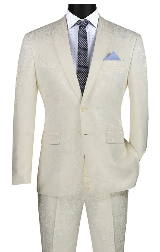 Men’s Ivory Paisley Shiny Suit – Flroal Formal Wedding and Prom Suit for Party, in Cream Off White - 34 Short or Extra Small