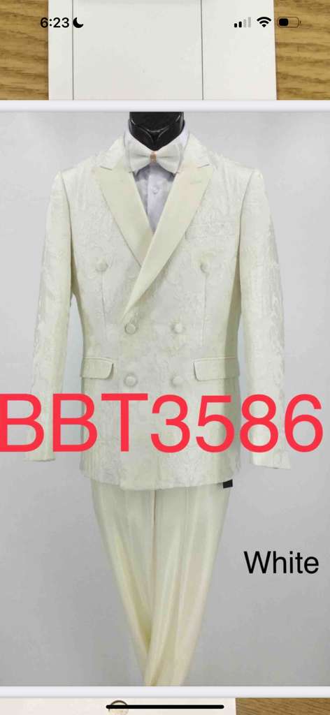 Men’s Ivory Double Breasted Tuxedo Dinner Jacket – Textured Blazer Paisley Texture Pattern in Off White Cream Color + Bowtie - 36 Short