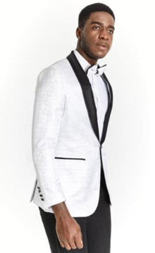 Men’s White Dinner Jacket Disco Blazer 1980s Sequin Style Jacket – Black Lapel Party Blazer, Formal Masquerade Club Wear Paisley Fabric + Bowtie - 34 Short