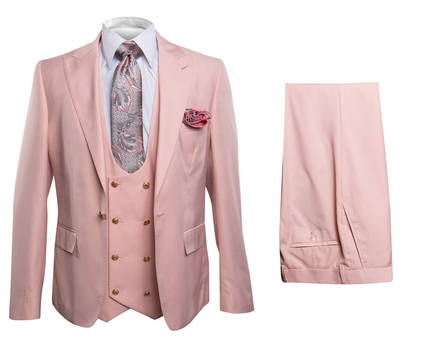 Men’s Blush Pink and Gold Three-Piece Suit – Tailored Fit Formal Wedding, Vested Suit By Rossiman - 34 Short or Extra Small