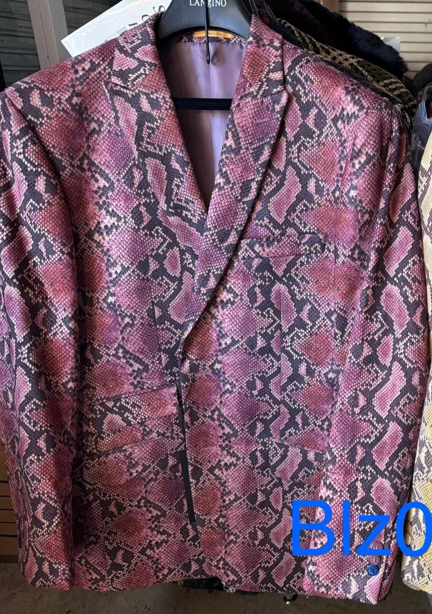 Men’s Burgundy and Black Snakeskin Print Blazer – Alligator Crocodile Sport Jacket Exotic Skin - 36 Short