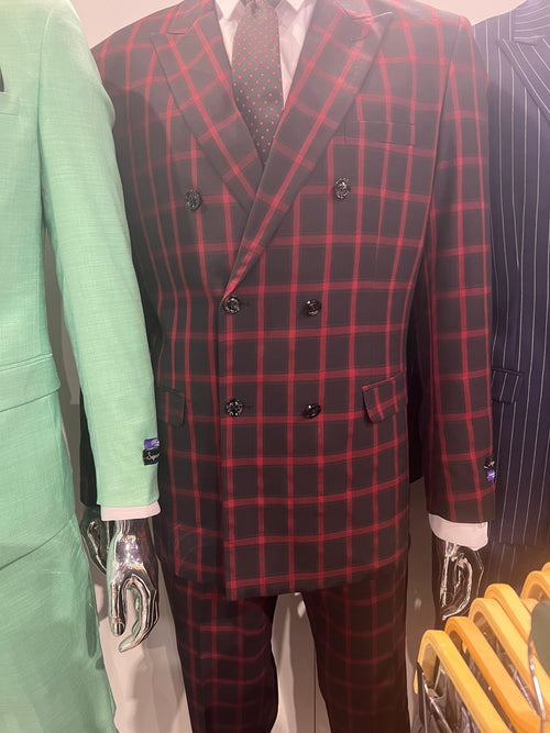 Mens Black and Red Check Double Breasted Blazer Sport Coat Jacket Windowpane Sportcoat Slim Fit