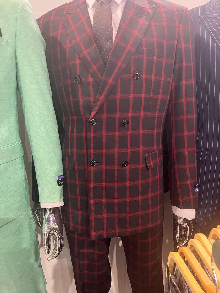 Mens Black and Red Check Double Breasted Blazer Sport Coat Jacket Windowpane Sportcoat Slim Fit