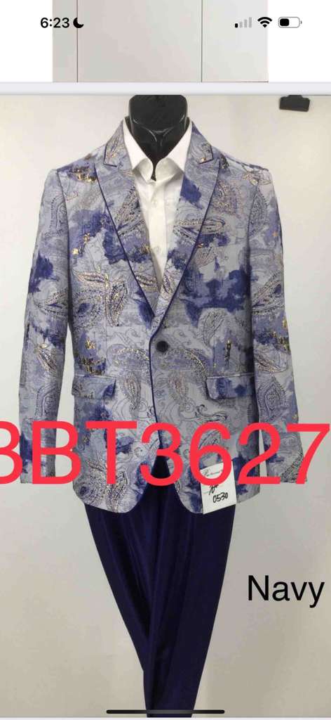 Menâ€™s Navy Blue and Gray Paisley Print Blazer â€“ Prom Jacket for Formal, Party, and Evening Wear - 36 Short