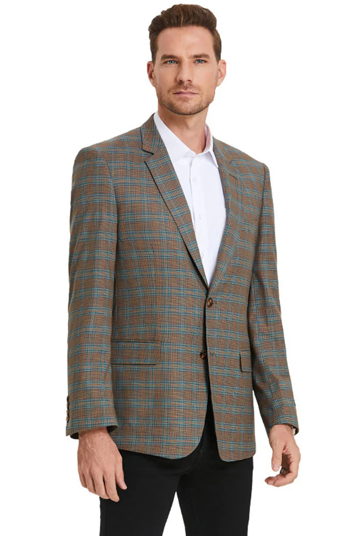 Men’s Green Brown and Teal Plaid Sport Coat – Tailored Fit Check Blazer Jacket - Tartan Sportcoat - 36 Short