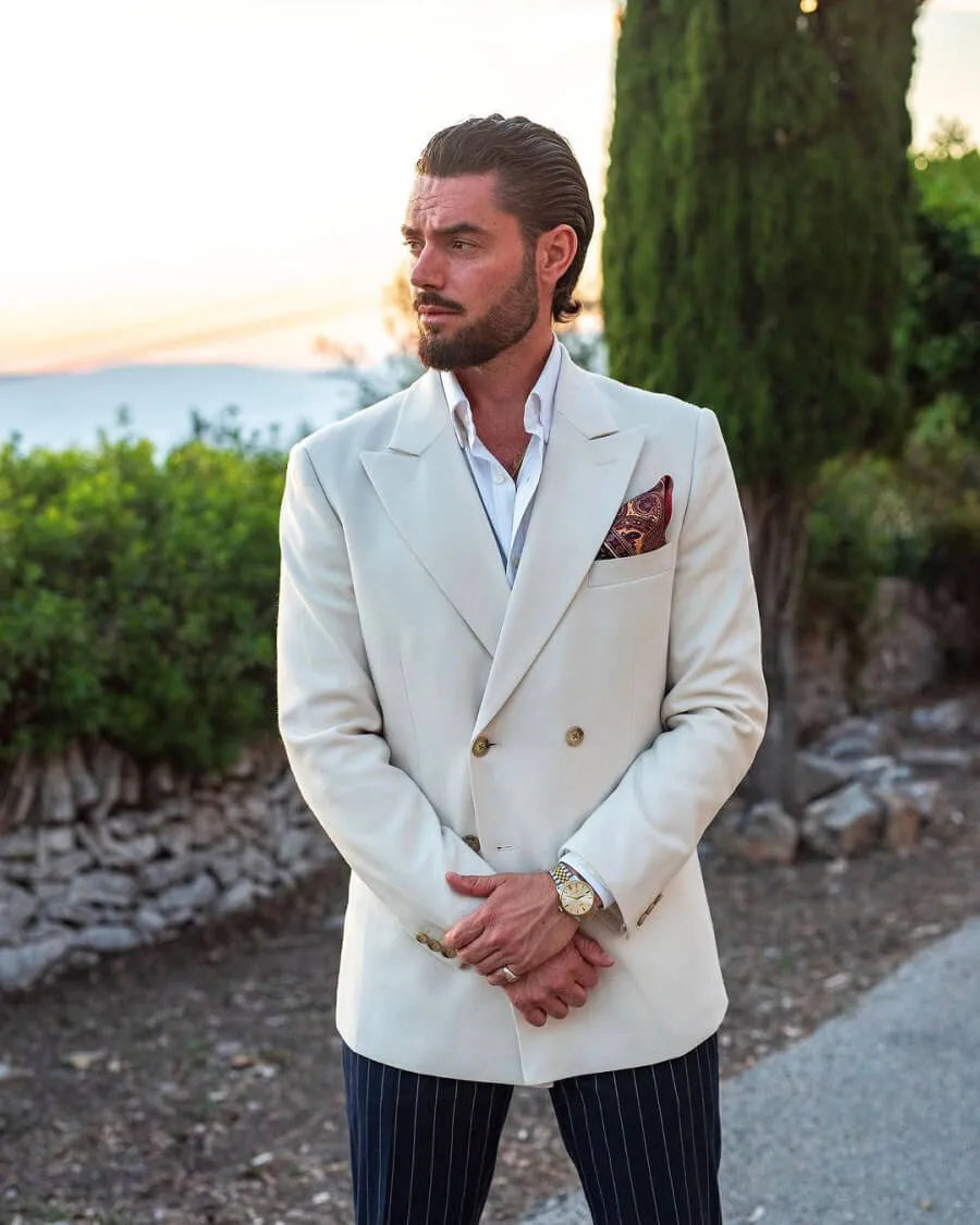 Men’s Ivory Linen Double Breasted Blazer, Lightweight Wedding Dinner Sport Coat Jacket Cream Off White - 36 Short