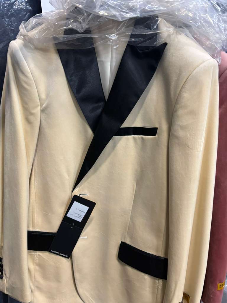 Men’s Ivory Dinner Jacket - Cream Velvet Blazer with Black Satin Lapel | Wedding and Party Formal Sport Coat in off white - S
