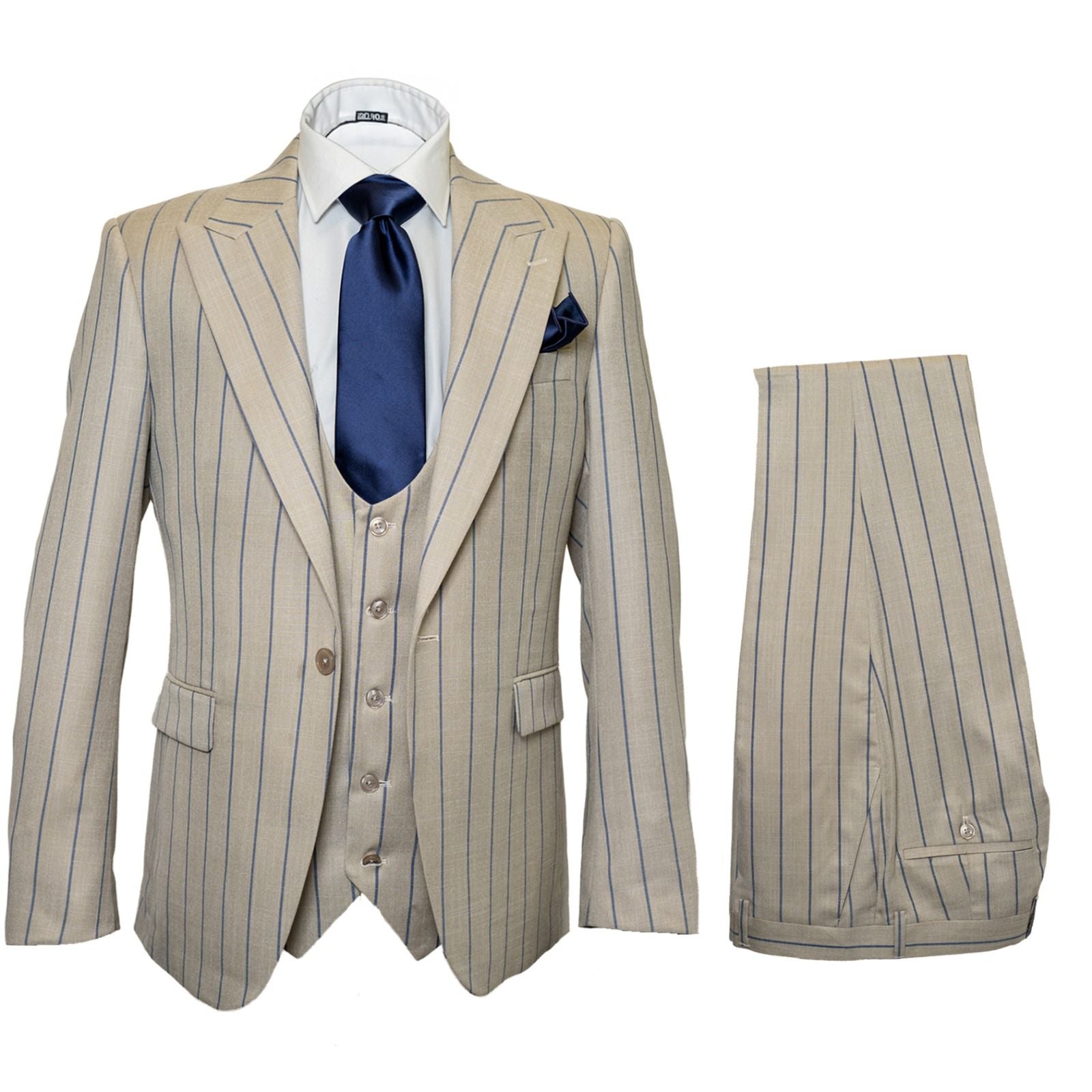 Men's Beige with blue Pinstripe Three-Piece Suit with Vest by Rossiman Vested Peak Lapel in Tan Stripe 1920s style - 34 Short or Extra Small