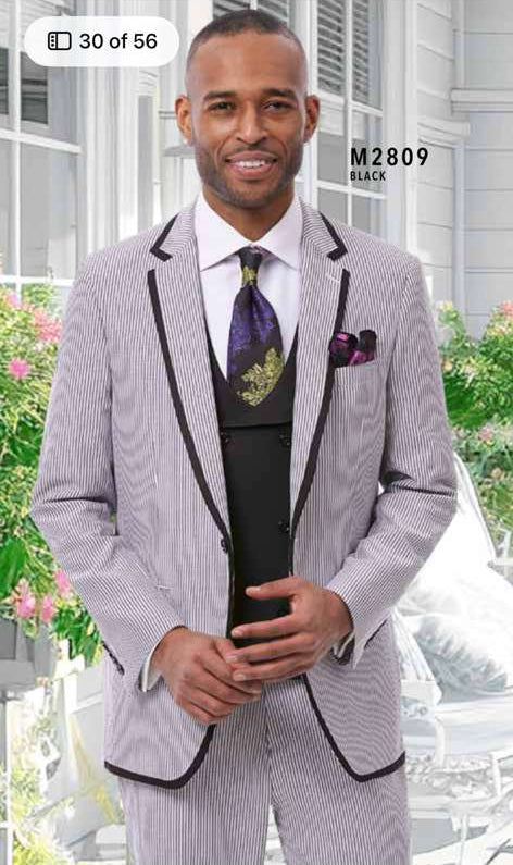 Mens Black and White Pinstripe Wedding Tuxedo Suit – Three Piece Formal Suit Set with Contrast Trim for Groom, Prom - Seersucker Summer Suit - 34 Short or Extra Small