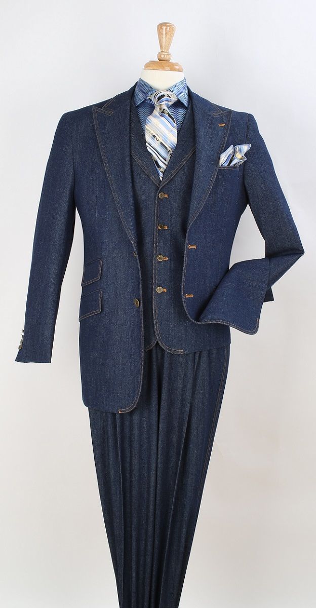 Men’s Pleated Pants Dark Blue Denim 3 Piece Suit – 100% Cotton Formal Suit Set, Blazer Vest Pants Outfit Classic Fit Athletic Fit Lose Fit - 34 Short or Extra Small