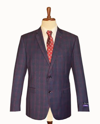 Men’s Big and Tall Navy Blue with Burgundy Plaid Jacket and Sport Coat – Wool Blazer - 36 Short