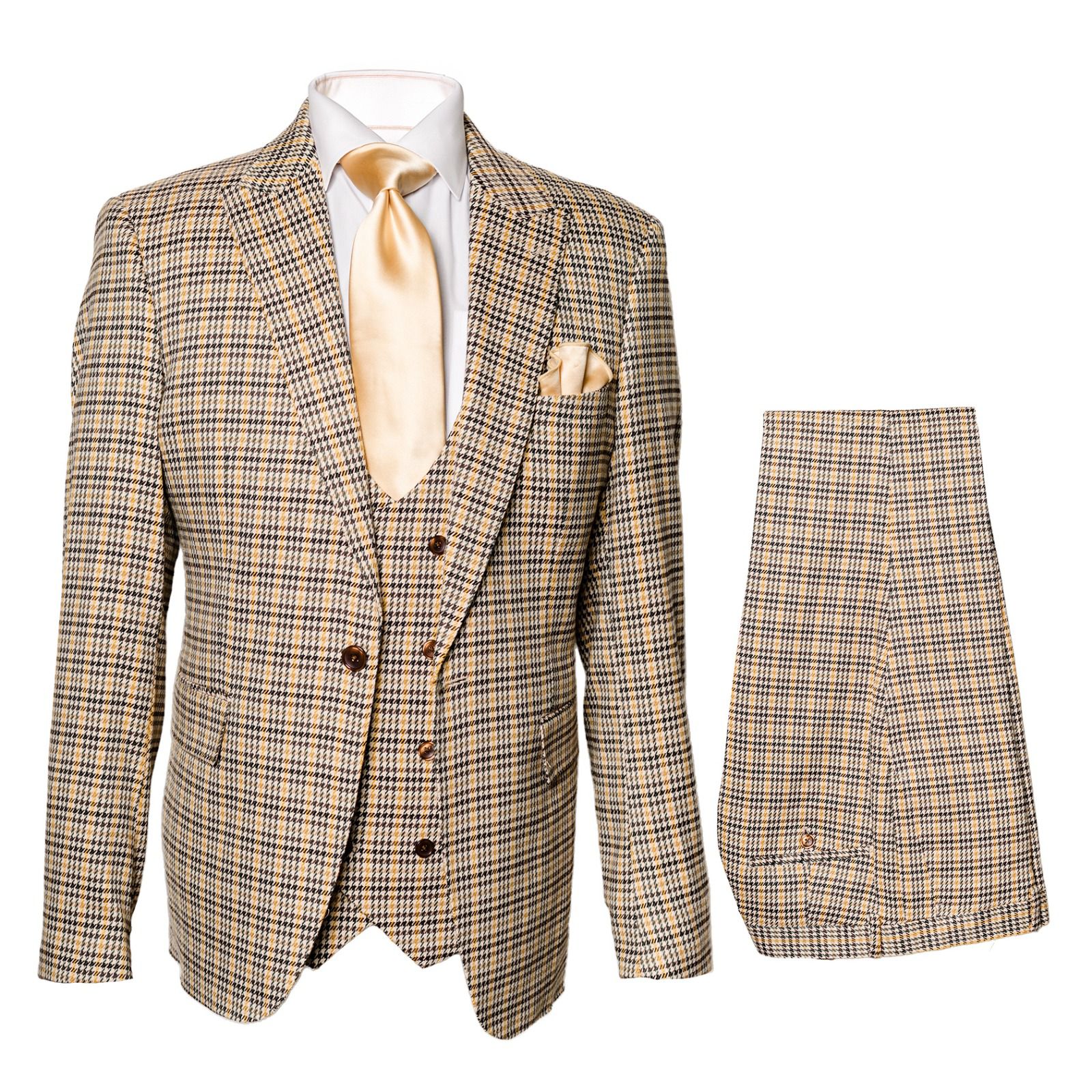 Men’s Beige and Navy Check 3-Piece Suit Set – Premium Tailored Fit Formal Wedding and Business Suit By Rossiman - 34 Short or Extra Small