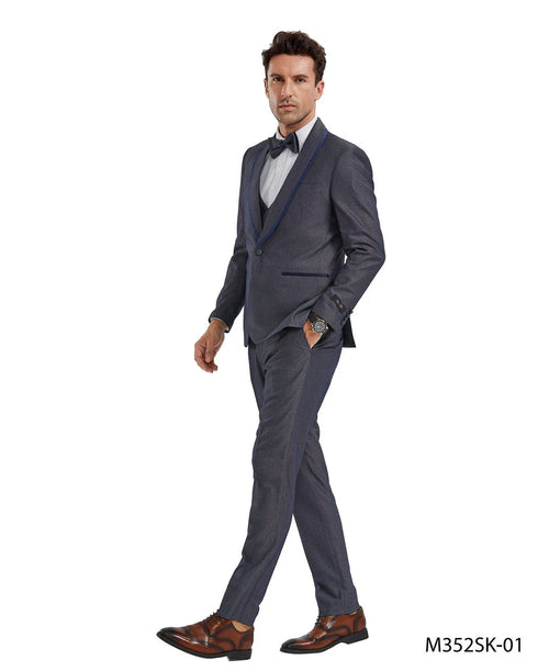 Mens Charcoal Gray with blue Trim Slim Fit 3-Piece Suit Modern Wedding and Business Formal Tuxedo Set