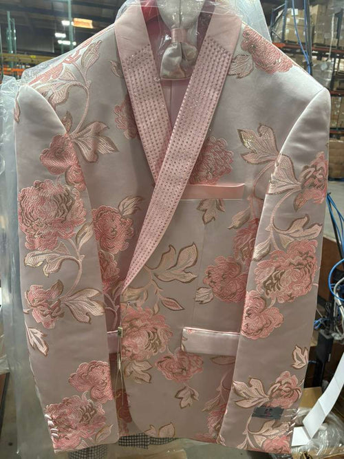 Mens Pink Blush Floral Jacquard Blazer with Embellished Shawl Lapel - Luxury Party and Wedding Wear Jacket