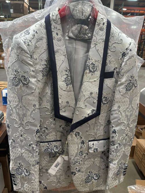 Mens White and Navy Blue Lapel  Floral Jacquard Blazer with Contrast Shawl Lapel Luxury Wedding and Party Wear Jacket paisley Tuxedo Navy Pants
