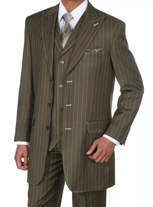 Mens Olive Green Pinstripe Zoot Suit 1920s Gangster Vintage 3-Piece Suit for Formal and Themed Events