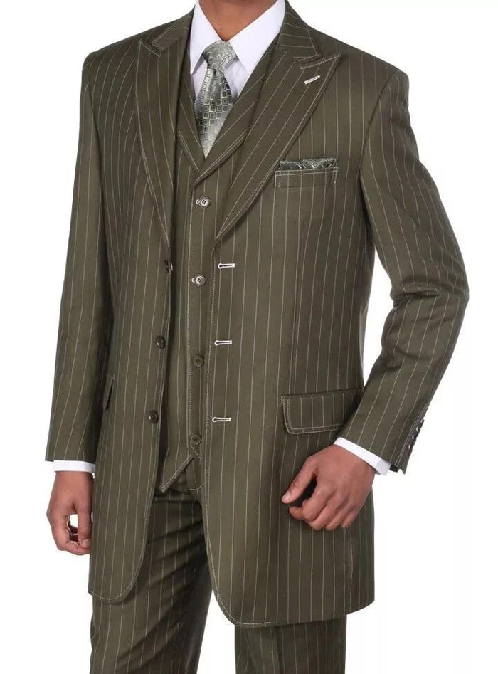 Mens Olive Green Pinstripe Zoot Suit 1920s Gangster Vintage 3-Piece Suit for Formal and Themed Events